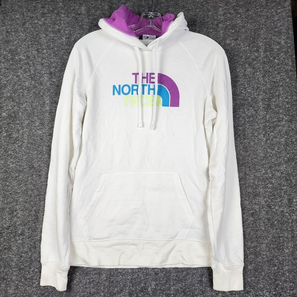 The North Face Hoodie Womens Medium White Purple Graphic Pullover Sweatshirt